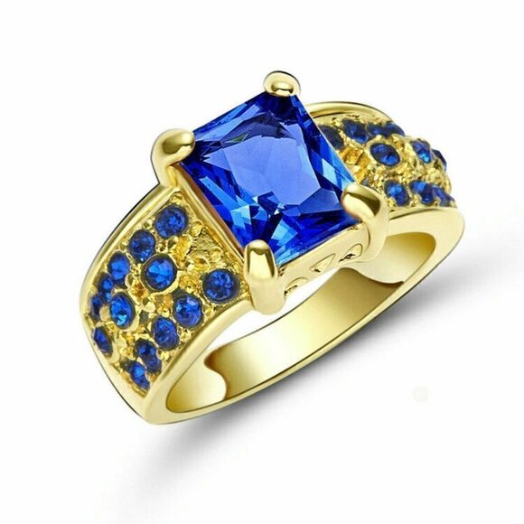 Blue Sapphire Yellow Rhodium Plated Ring - Picture 1 of 2